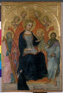 Tronande Madonna och barn med fyra änglar, två helgon och en välgörare, ca 1400 (tempera på trä)